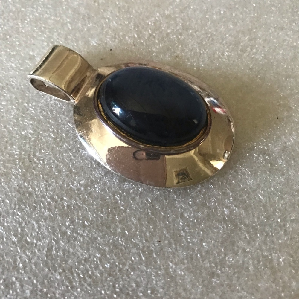 Silver Oval Pendant with Dark Blue Cabochon